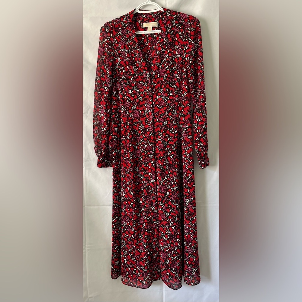 Michael Kors Floral Maxi Shirt Dress Red Black XS